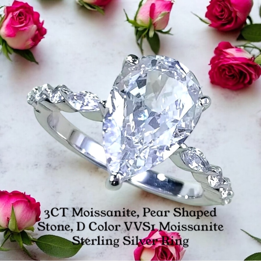 3CTs Moissanite Pear-Shaped, D Color, VVS1 Moissanite Sterling Silver Ring